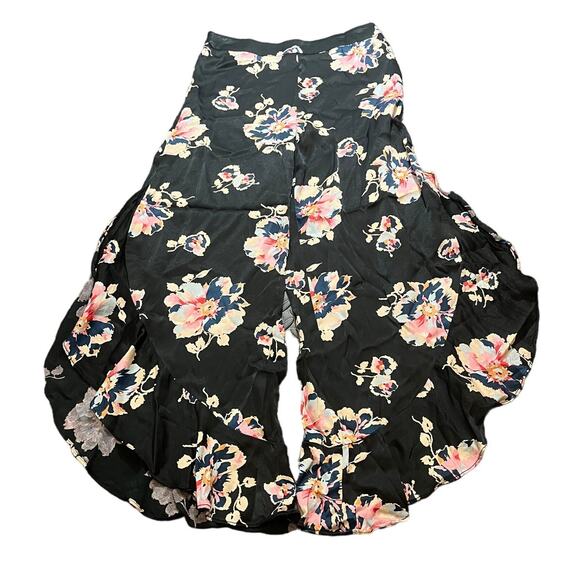 Anthropologie Elevenses Floral Tansy Ruffle Pants Size 4 Black Satin Wide Leg - Picture 2 of 11